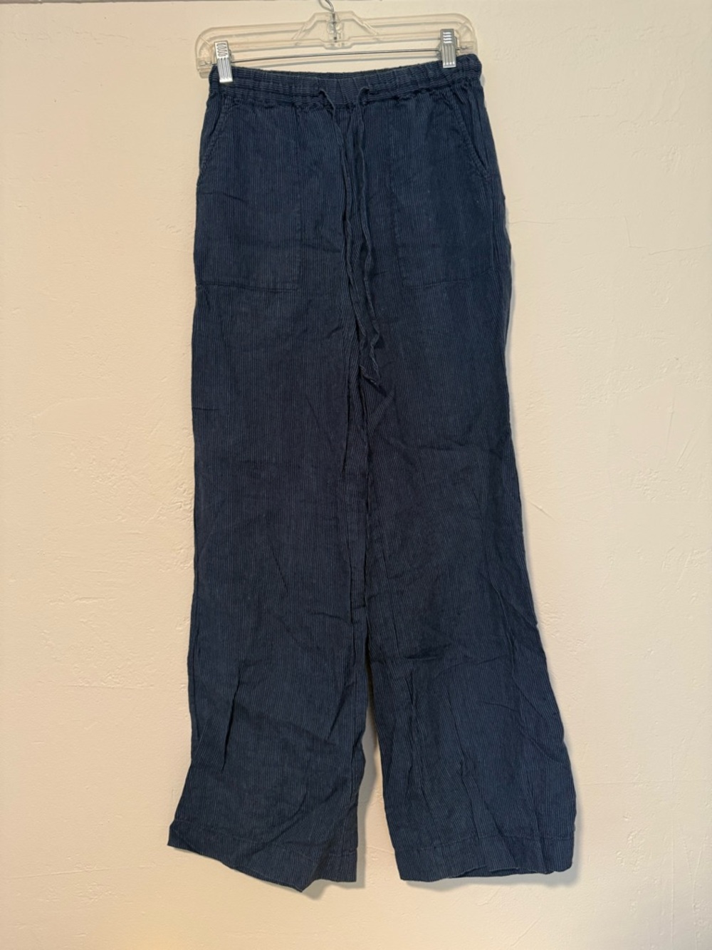 Navy Wide-Leg Linen Pants Pin striped Poetey